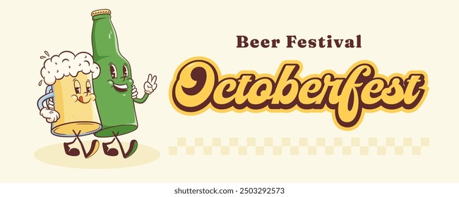 Groovy Beer Octoberfest Retro Characters Banner Illustration. Cartoon Bottle and Glass Mug Walking Smiling Vector Food Mascot Template. Happy Vintage Cool Beverages Drawing