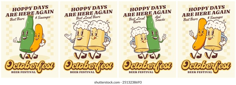 Groovy Beer Octoberfest Retro Characters Illustration Posters Set. Cartoon Bottle, Mug and Sausage Hot Dog Smiling Vector Food Mascot Templates Collection. Happy Vintage Cool Beverages Holiday Drawing