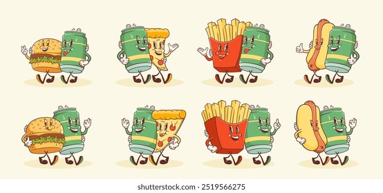 Conjunto de personajes retro de bocadillos de cerveza y comida callejera. Hamburguesa de dibujos animados, pizza, patatas fritas, perro caliente y lata Vector sonriente Plantillas de mascota de comida rápida Ilustraciones de Antiguas feliz Colección aislada