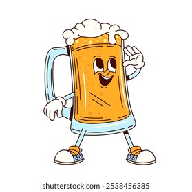 Groovy beer tankard character with bubbly foam on top, wearing sneakers and smiling, giving a friendly wave. Cartoon vector playful glass cup personage exuding happiness, celebration fun and festivity