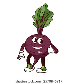 Groovy beet cartoon character walking with thumbs up. Funny retro purple beetroot with green leaves, gesture of approval. Food, vegetable mascot, cartoon beet sticker of 70s 80s vector illustration