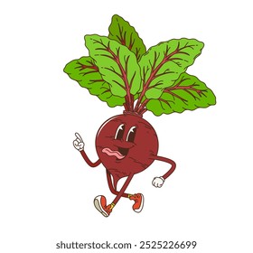 Groovy vegetal beterraba como personagem de desenho animado retro com cara boba engraçada, vetor quadrinhos. Beterraba funky Groovy com sorriso alegre e língua estranha para comida vegetal emoji ou personagem de desenho animado