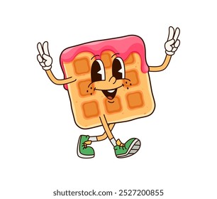 Carácter belga estupendo del postre del waffle. Personaje de Vector alegre de dibujos animados con mermelada de fresa goteando. Deliciosa oblea, bocadillo de pastelería, aperitivo fresco lindo, confitería con cara sonriente