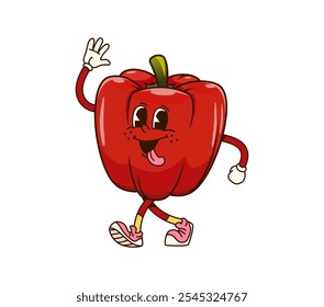 Groovy bell pepper vegetable character. Cartoon vector fun and lively fresh red paprika veg personage with expressive eyes, waving hand, promoting healthy eating, and playful nutrition for kids menu