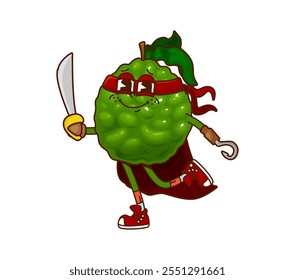 Groovy bergamot fruit superhero character. Cartoon vector super hero retro defender personage in cape, mask and sneakers holding saber. Cheerful and brave tropical fairytale healthy food vigilante