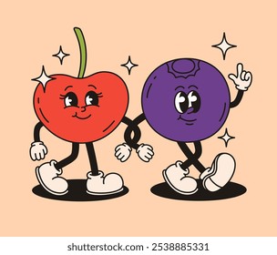 Groovy berry characters. Cherry and blueberry. Flat vector illustration.