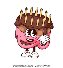 Ilustración vectorial de caracteres de torta de cumpleaños Groovy. Caricatura aislada graciosa pegatina retro de pastel de chocolate feliz con velas para regalo sorpresa y saludos en la fiesta de aniversario, lindo emoji dulce