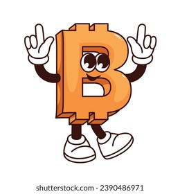 Groovy bitcoin character vector illustration. Cartoon isolated retro digital money sticker, crypto coin sign with hands up, standing cryptocurrency mascot with arms and legs, funny smile of bitcoin