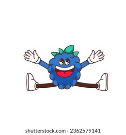 Ilustración vectorial del carácter groovy blackberry. Caricatura aislada feliz loco divertido salto de fruta de berry, kawaii verano mora con piernas y brazos, linda cara cómica y hoja, salto de emoji honesto Y2K