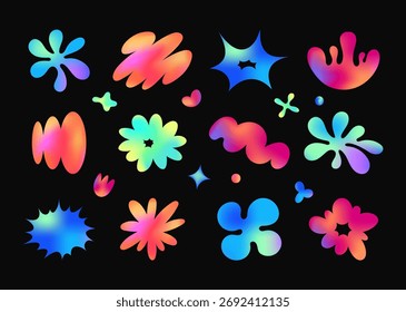 Groovy blob set. Vector collection of funky star shapes, clouds, organic curves and flowers in gradient vibrant neon colors. Liquid form for web design, game, digital art. Flow textures. Fluid pattern