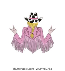 Elegante vaquera rubia de la espalda en un sombrero de manchas de vaca y chaqueta de cuero rosa con la ilustración vectorial de flecos aislado en blanco. Retro disco 60s 70s 80s wild west fashion print poster postal