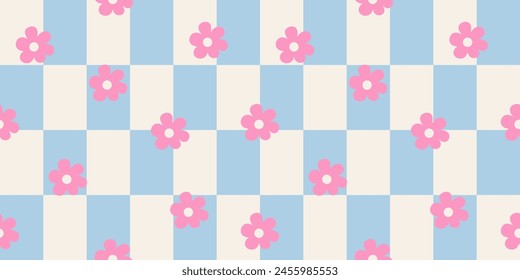 Groovy blau karierte nahtlose Muster. Geometrischer psychedelischer quadratischer Hintergrund im Vintage 90er Jahre Stil. Gingham Hintergrund mit rosa Blumen.  Y2k-Stil. Psychedelischer grooviger Bildschirmhintergrund. 