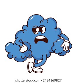 Groovy blue cloud cartoon character with displeased expression. Funny retro dissatisfied rain cloud with negative emotion, cloudy weather mascot, cartoon sticker of 70s 80s style vector illustration