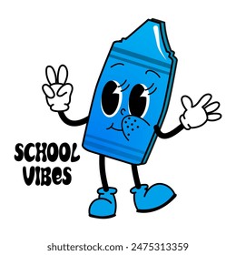 Groovy blue crayon - School concept in old classic cartoon style. Vintage cute character isolated on white background. 