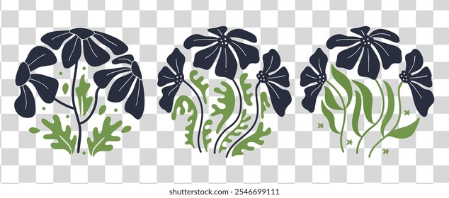 Groovy blue flower set. Organic circle shapes in trendy naive retro hippie 60s 70s 80s style.Vector illustration