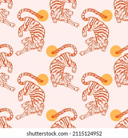 Groovy boho asian tigers doodle modern art print funny handdrawn childish cartoon funky trendy style vector illustration clipart seamless pattern print