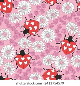 Groovy boho heart shape lady bug flower daisy vector seamless pattern. Saint Valentines Day romantic love floral background.