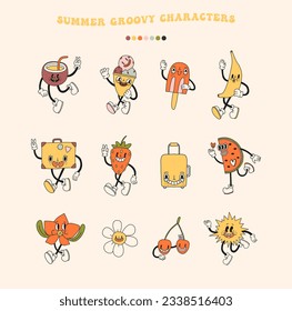 Groovy bold y2k retro summer and spring season party characters set. Happy summertime fruit food vintage doodle mascot design collection. Isolated on white background clip art. Vector illustration 