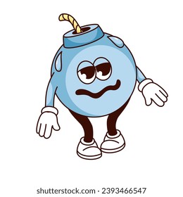 Groovy bomb character vector illustration. Cartoon isolated retro sticker of funny blue bomb with worry and weird expression on face, danger mascot of comic surprise boom, emoticon with arms and legs