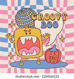 Groovy boo - square 70s hippie Style Poster for Halloween Party Holiday. Furry monster growls at the disco with a mirror ball. Hand drawn vector illustration on a melting checkered background.