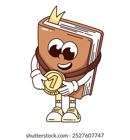 Groovy book cartoon character with gold medal for first place. Funny retro smart textbook with bookmark and brown cover. Quiz, win mascot, cartoon book sticker of 70s 80s style vector illustration