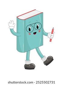 Groovy book character wearing glasses. Vector illustration