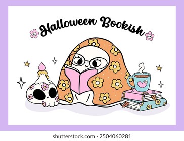 Groovy Bookish Ghost Reading Book under blanket Trendy Retro Halloween Cartoon Doodle with Cozy Fall Vibes