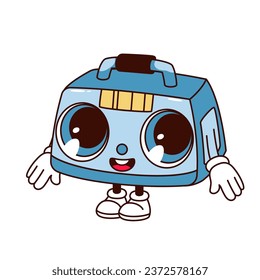 Groovy boombox character vector illustration. Cartoon isolated retro sticker with psychedelic eyes and smile on funny face, buttons to play and record retro music, cassette recorder arms and legs