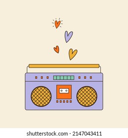 Groovy boombox with hearts. 80s, 90s vibes funky sticker. Retro music player vector illustration. Vintage nostalgia element for card, poster design and print