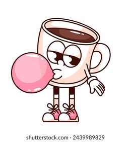 Groovy bored coffee cup cartoon character blowing bubble gum. Funny retro white mug with sneakers and pink candy ball, boredom mascot, cartoon coffee sticker of 70s 80s style vector illustration