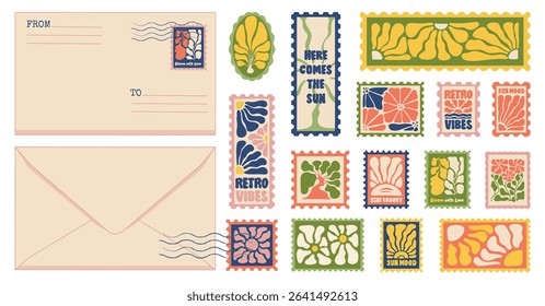Groovy Botanical Postage Set. Retro Postmarks and Envelopes with Sun and Wavy Nature Abstract Shapes


