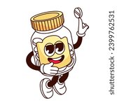 Groovy bottle of pills cartoon character holding tablet. Funny jar with cap, medicines or vitamin supplement dancing. Retro cartoon medication bottle mascot, sticker of 70s 80s vector illustration