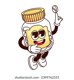 Groovy bottle of pills cartoon character holding tablet. Funny jar with cap, medicines or vitamin supplement dancing. Retro cartoon medication bottle mascot, sticker of 70s 80s vector illustration