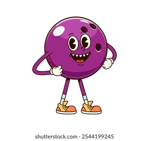 Groovy bowling ball sport character. Isolated cartoon vector cheerful retro personage with happy face showcasing a sporty and whimsical funky vibe for themes of sports, fun, and bowling entertainment