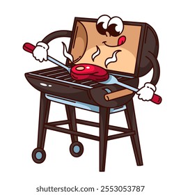 Groovy brazier cartoon character with chefs tools to grill meat steak. Funny retro barbecue roaster with open lid and grate. BBQ, cooking mascot, cartoon grill sticker of 70s 80s vector illustration