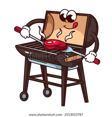 Groovy brazier cartoon character with chefs tools to grill meat steak. Funny retro barbecue roaster with open lid and grate. BBQ, cooking mascot, cartoon grill sticker of 70s 80s vector illustration