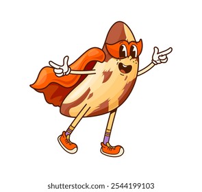 Groovy brazil nut superhero character in orange costume ready to save the day with superhuman strength and power. Cartoon vector funky kernel stands in powerful pose, ready to take on any challenge