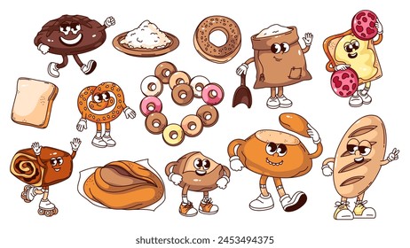 Groovy Brot Cartoon Figuren und Bäckerei Aufkleber Set. Lustiges Retro Weizen- und Roggenbrot, Mehlsack, Brot und Toast, Frühstücksringe. Cartoon Maskottchen Kollektion der 70er 80er Jahre Stil Vektorillustration