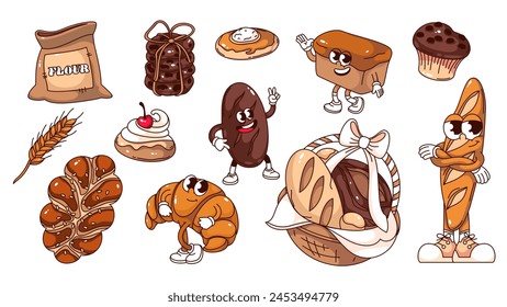 Groovy bread cartoon characters and bakery stickers set. Funny retro croissant, basket with bakers products, curd bun, muffin. Cartoon bread mascots collection of 70s 80s style vector illustration