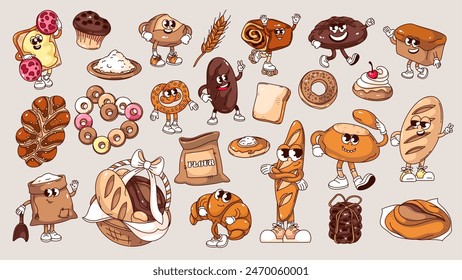 Estupendo juego de personajes de dibujos animados de pan y pegatinas de surtido de panadería. Divertido pan retro y baguette francés, croissant, tostadas, pan. Colección de mascotas de pan de dibujos animados de los años 70 80 estilo Ilustración vectorial