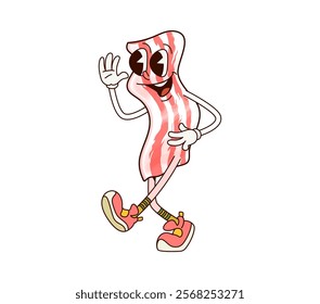 Groovy breakfast bacon character. Isolated cartoon vector cheerful crispy meaty slice. Retro hippie and happy food personage smiles with joy bringing nostalgic funky vibe of 60s to the breakfast table