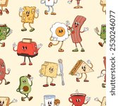 Groovy breakfast characters seamless pattern. Vector tile background with funny retro bacon, egg, toast, butter, sandwich, toaster and tea or coffee cups with cheese slice showing cheerful expressions