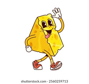 Groovy breakfast cheese character with happy expression. Isolated cartoon vector yellow piece of cheese, dairy food personage wearing sneakers, conveys fun and energy with retro hippie y2k vibes