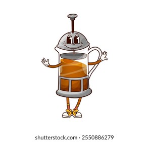 Groovy breakfast coffee french press character with a cheerful expression and tea or coffee inside. Isolated cartoon vector kitchen utensil retro personage with a friendly smile exudes hospitality