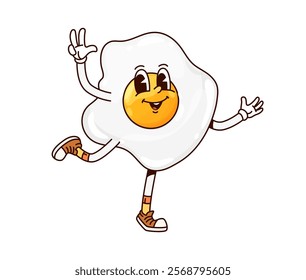 Groovy breakfast fried egg character. Isolated cartoon vector retro food personage reveals a happy yolk face, wishing good morning and spreading joy with enthusiasm. Cheerful scrambled omelet egg