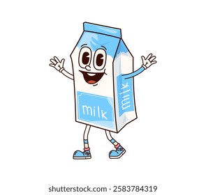 Groovy breakfast milk pack character. Isolated cartoon vector cheerful, smiling, happy dairy product retro personage with expressive face. Healthy drink carton box in a joyful funky welcoming pose