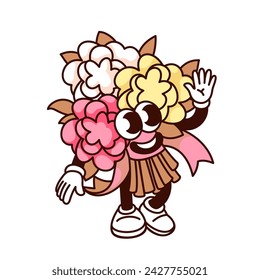 Groovy bridal bouquet cartoon character greeting with hand up. Funny retro flowers bunch with ribbon waving, wedding and marriage mascot, cartoon bouquet sticker of 70s 80s style vector illustration