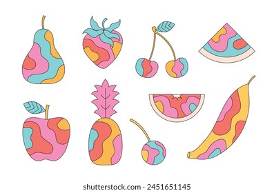 Groovy bright cartoon hippie patterned fruits. Hippie 60s, 70s style strawberry, pear, apple, pineapple, cherry, citrus, banana.