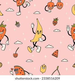 Groovy bright  and fun summer seamless pattern in retro style. Cute pink yellow colors and funny summer youth elements. Vintage trendy vibe for your wrapping paper, textile, clothes design collection