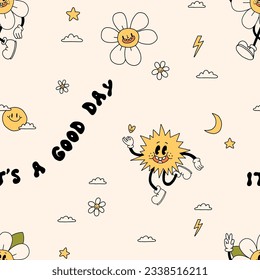 Groovy bright  and fun summer seamless pattern in retro style. Cute pink yellow colors and funny summer youth elements. Vintage trendy vibe for your wrapping paper, textile, clothes design collection